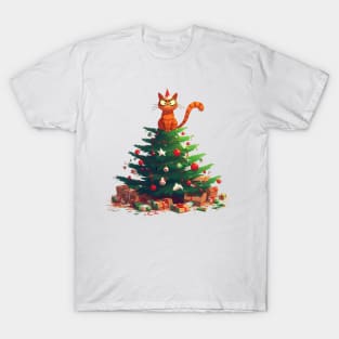 Cat Destroying Christmas Tree Illustration T-Shirt